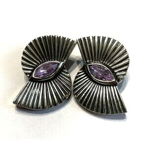 Bold 80s Earrings Silver Tone Lavender Rhinestone Clip On Vintage Signed Jewelry